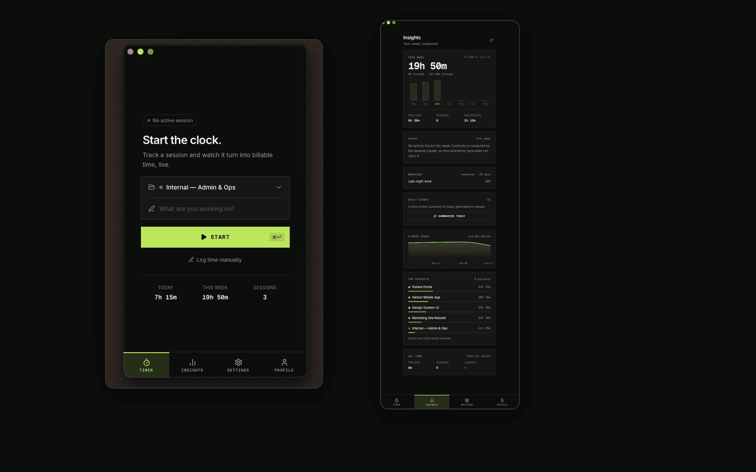 The Stunda desktop app: a Start button with a project picker, today and this week totals underneath, and the Insights tab showing the week by day and by project.