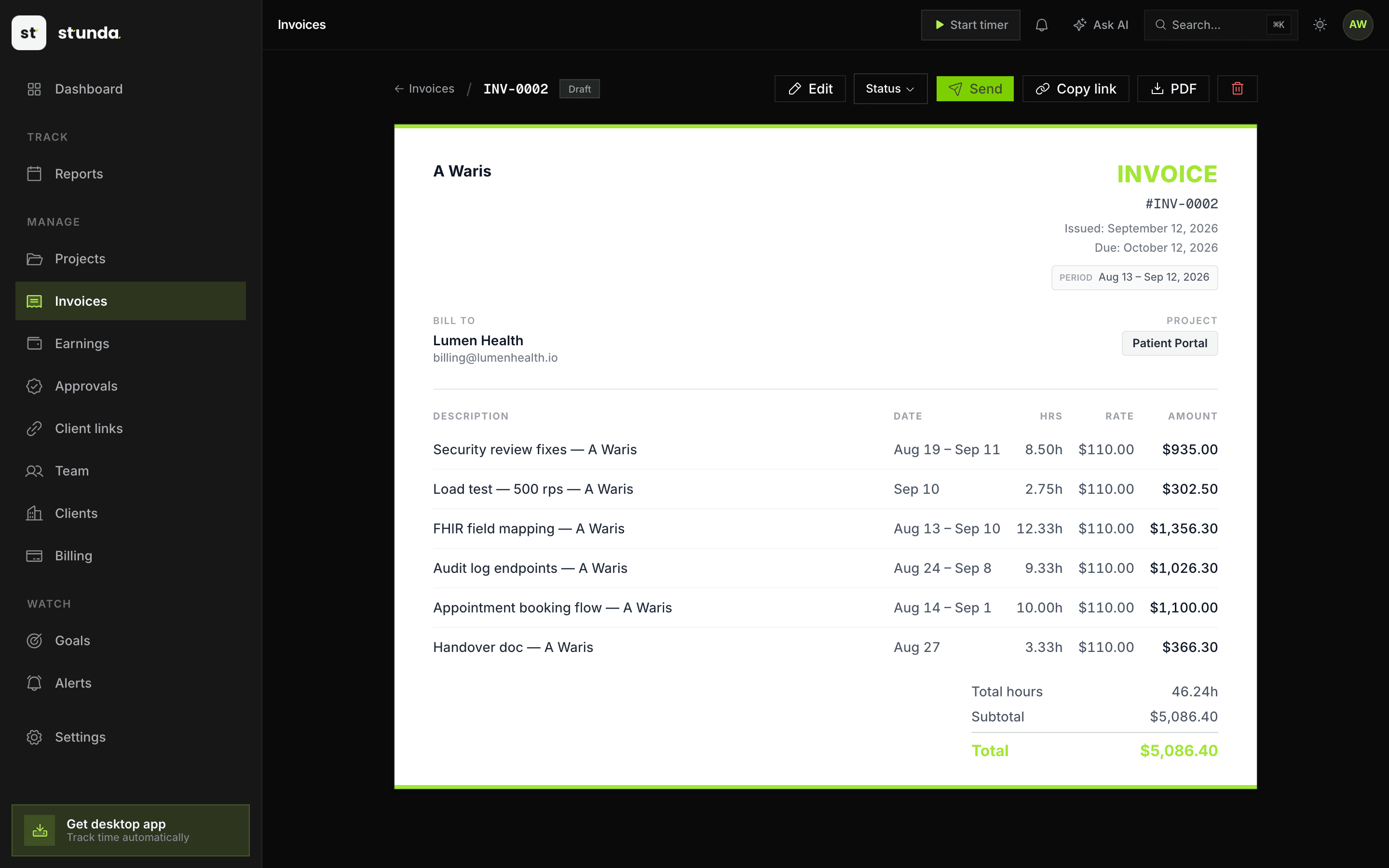 A Stunda invoice for Lumen Health: six line items with dates, hours and rate, a total, and Send, Copy link and PDF actions.