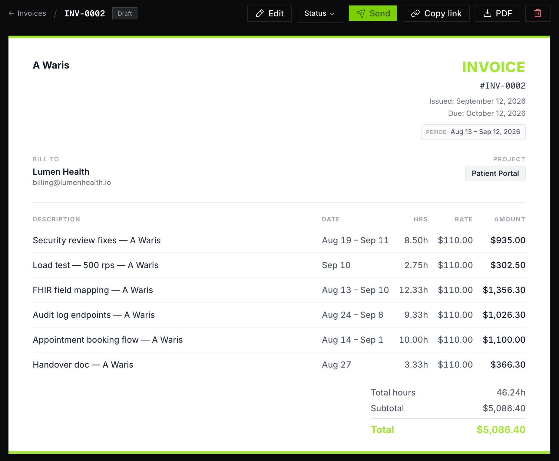 A Stunda invoice for Lumen Health: six line items with dates, hours and an hourly rate, a total of $5,086.40, and Send, Copy link and PDF actions above it.