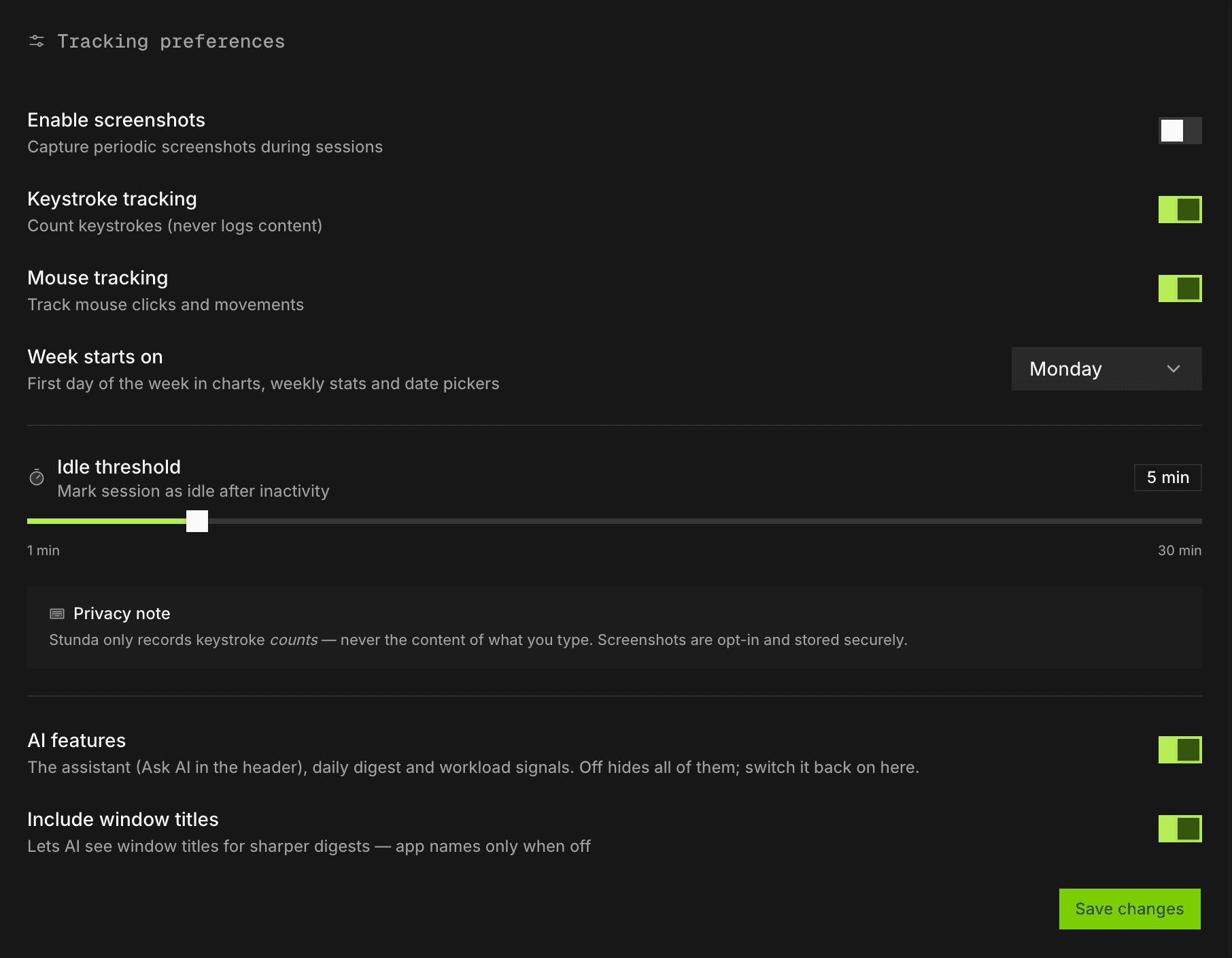Stunda's tracking settings: screenshots switched off, keystroke tracking described as counting keystrokes and never logging content, mouse tracking, idle threshold, and a privacy note.