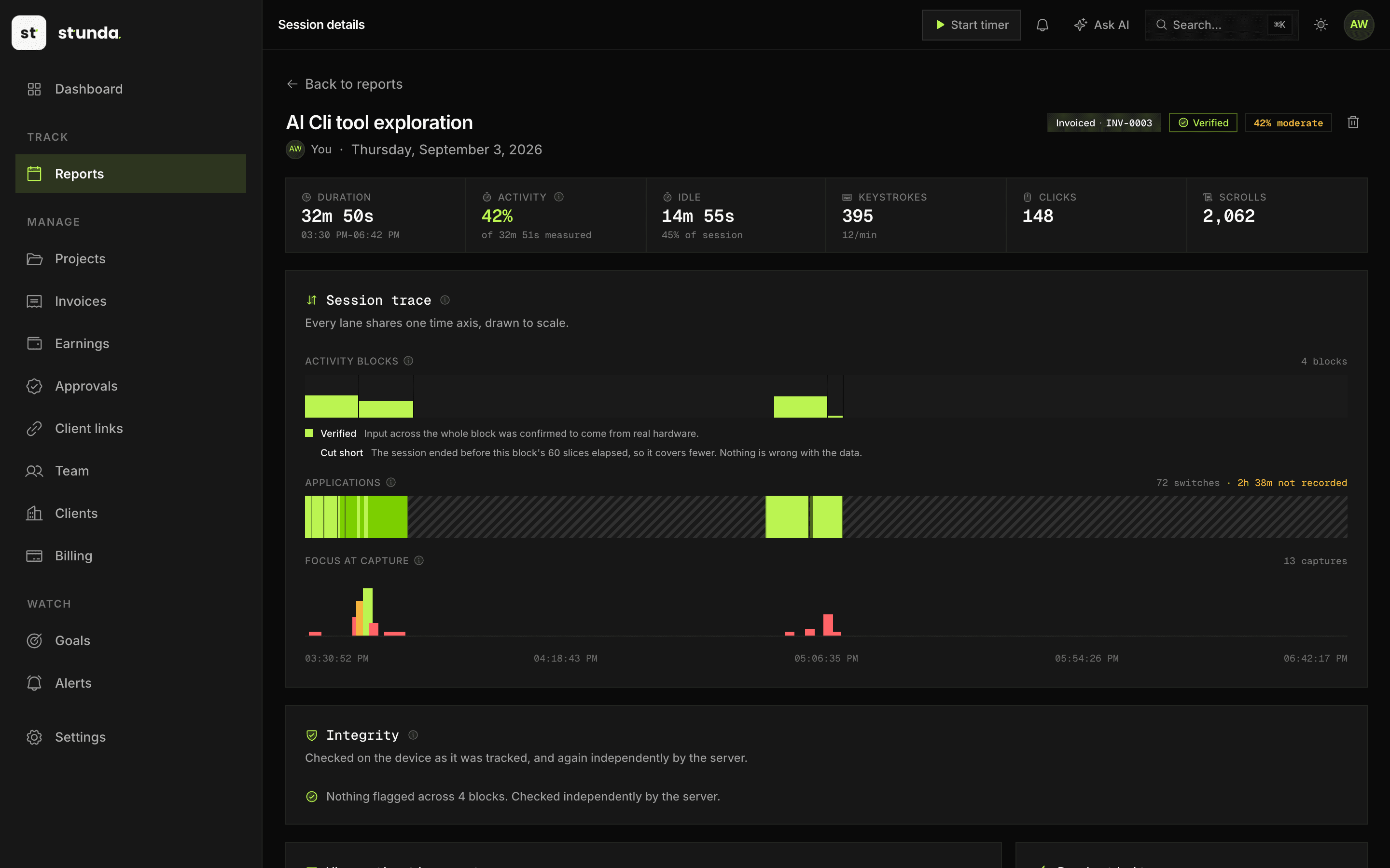 A session detail page in Stunda: duration, activity, idle time and input counts, a session trace of activity blocks and app switches, and an integrity check marked as passed.